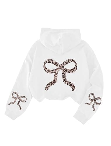 EXARUS Girls Bow Graphic Hoodies Oversized/Cropped Hoodie Teen Pullover Long Sleeve Hooded Sweatshirt Casual Preppy Cute - Image 1