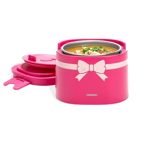 Paris Hilton Electric Lunch Warmer, 20-Ounce Stainless Steel Portable Food Container With Sealing Lid, Removable 2.5-Cup Inner Dish, Bow Front Decal, Hot Pink - Image 1