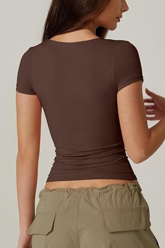 QINSEN Women's Sexy Twist Front V Neck T Shirts Double Lined Short Sleeve Slim Fit Crop Top Trendy Y2K Tops Tee thumbnail 4