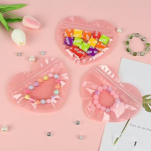 100pcs Small Bags for Small Business, 3.5x5 inch Heart-Shaped Jewelry Bags Clear Mylar Zip Top Lock Baggies Cute Packaging Supplies for Bracelets Sample thumbnail 7