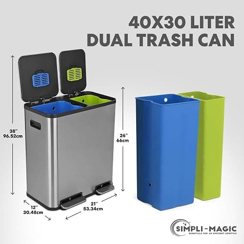 Simpli-Magic 18.5 Gallon (40L x 30L) Dual Compartment Step Trash Can – Kitchen Garbage Can with Waste & Recycling Bins – Slow-Close Lid, Odor Control, Hands-Free, Stainless Steel thumbnail 3