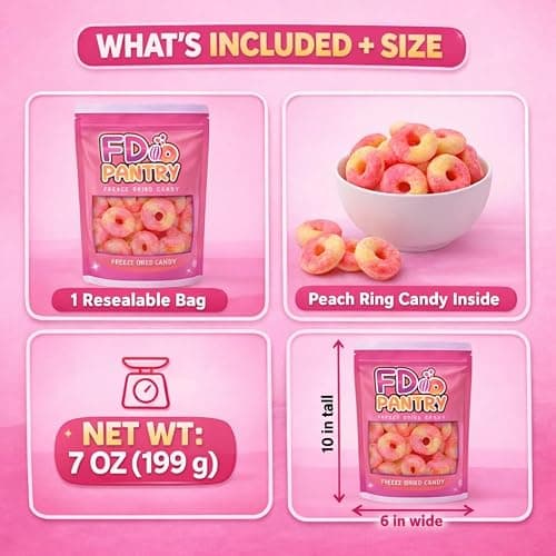 Freeze Dried Peach Rings Candy - Crunchy & Sweet, Large 7 oz Resealable Bag for Freshness, Gift & Snack - Large bag Freeze-Dried Gummy Candies thumbnail 8
