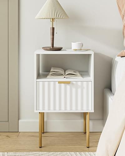 AEPOALUA Nightstand,Modern Bedside Table with Gold Frame,White Night Stand,Bedside Furniture, Modern Side Table with Drawer and Shelf for Bedroom,Living Room (White) thumbnail 7