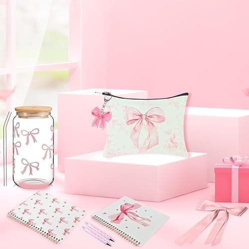 10 PCS Pink Bow Stuff Gift with Bow Cup, Preppy Makeup Bag, Notebook | Hairband, Sock, Bow Keychain,Pen,Sticker for Birthdays Present, Coquette Preppy Bow Accessories Set for Girl Women thumbnail 2