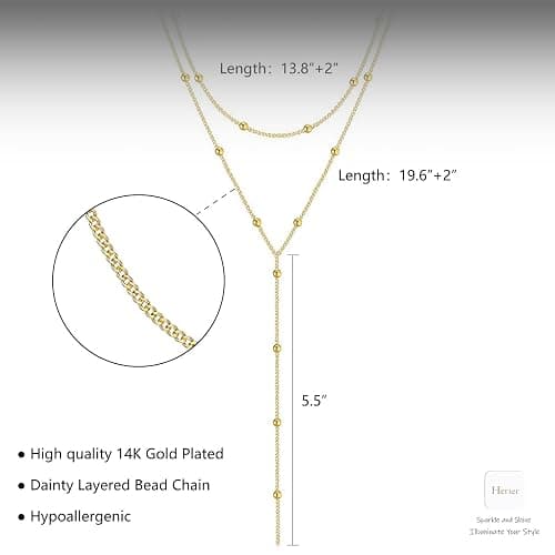 HERIER Lariat Gold Necklace for Women, Dainty Long Necklace 14k Gold Plated/Silver Y-Shaped Layered Beaded Chain Drop Necklaces for Women Trendy Simple Gold Jewelry for Women Gifts thumbnail 5