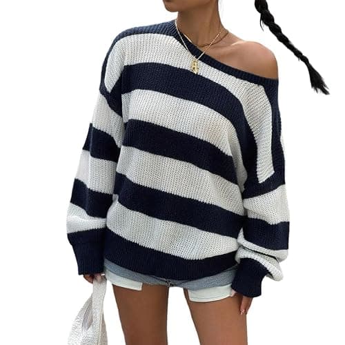 GCZREN Women Casual Oversized Drop Shoulder Long Sleeve Striped Sweater Loose Off Shoulder Color Block Knit Pullovers - Image 1