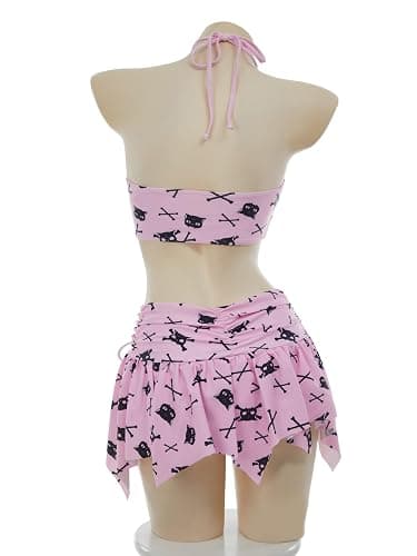 Meowcos Gothic-Bikini-Badeanzug, Gothic-Stil, rosa Totenkopf, Fledermausdruck, dunkler Stil, Gothic-Badeanzug thumbnail 4