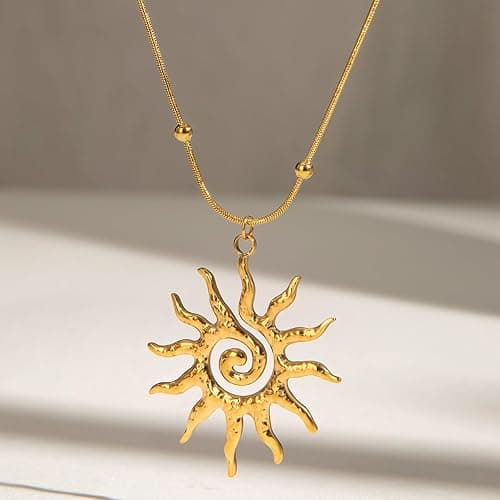LAIHUARYWA Elegant 18K Gold Plated Necklace for Women Sun Moon Pendant Necklace Boho Vintage Hammered Circle Coin Necklaces for Women Minimalist Spiral Design Prom Birthday Gift for Her thumbnail 7