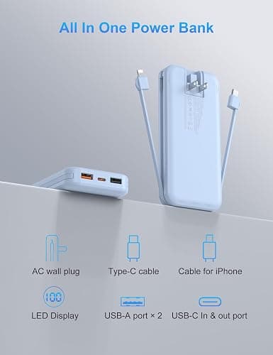 Ffnpua Portable Charger with Wall Plug, 12000mAh USB C Power Bank Fast Charging, External Battery Pack with Built in Cables, Digital Display, 5 Output 4 Input for iPhone Android Cell Phone Tablet thumbnail 9
