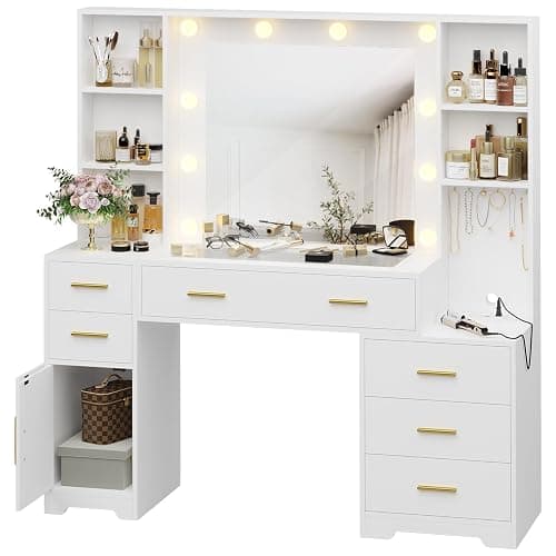 Hasuit 48.8'' Large Vanity Desk with Lighted Mirror & Power Outlet, White Makeup Vanity Table with 6 Drawers, 4 Shelves and 1 Storage Cabinet, Glass Tabletop Bedroom Dressing Table, 3 Lighting Modes thumbnail 8