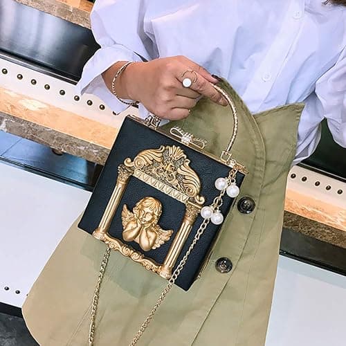 QZUnique Women Love Angel Floral Evening Bag Rose Embossed Formal Purse Clutch Black Gold Crossbody Pearl Chain Shoulder Bag thumbnail 2