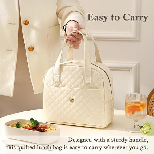 kamumanni Lunch Bag for Women, Small Lunch Box for Women, Insulated Lunch Bag with Front Pocket for Adults (Cream) thumbnail 5