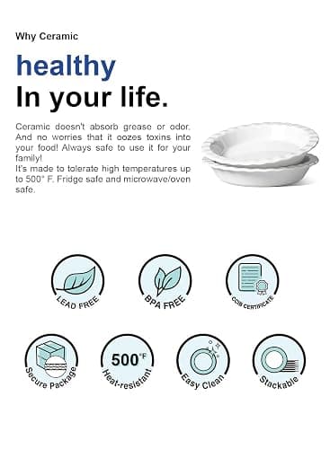 LE TAUCI Ceramic Pie Pans for Baking, 9 Inches Pie Plate for Apple Pie, Round Baking Dish, 36 Ounce Fluted Dish Pie Pan, Set of 2, White thumbnail 6