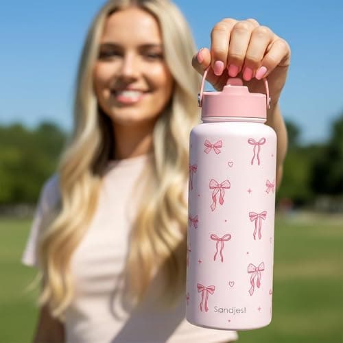 SANDJEST Coquette Bow Gift for Women, Water Bottle Stainless Steel 32oz with Lid & Straw, Pink Bows Aesthetic Insulated Bottles Gifts for Girls Friends Teens Birthday Christmas thumbnail 7