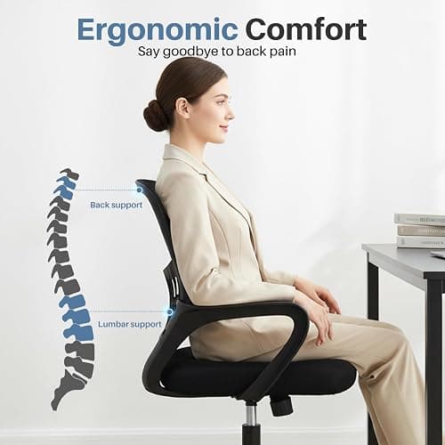 DUMOS Home Office Computer Chair - Ergonomic Mid Back Desk with Lumbar Support and Rocking Mode, Height Adjustable with Fixed Armrest, for Conference Meeting Room, 360° Swivel, Adults, Black thumbnail 4