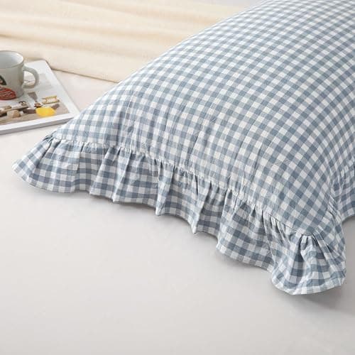 Silnuo Light Blue Plaid Ruffle Pillow Shams Queen Size Set of 2,Washed Cotton Shabby Checkered Gingham Pillow Covers 20x30 Inches thumbnail 5