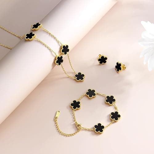AmorArtSky Lucky Clover Jewelry Set - 18K Gold Plated Flower Design Five Leaf Bracelet, Necklace Pendant, Earrings for Women - Lucky Gifts for Mom, Wife, Daughter, Friends thumbnail 4