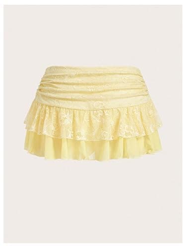SHENHE Women's Lace Mini Skirt Y2k Low Rise Ruched Layered Ruffle Skirt thumbnail 3