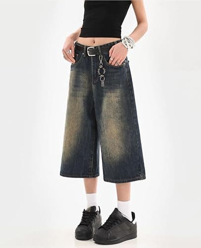 Lafaguw Cropped Jeans for Women Men High Waist Wide Leg Baggy Jorts Y2K Casual Denim Capris Pants Grunge Summer Clothes. thumbnail 3