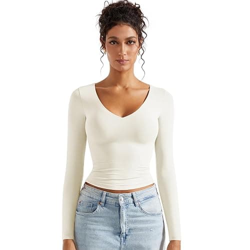 SUUKSESS Women Double Lined Casual V Neck Crop Tank Tops Basic Long Sleeve Shirts - Image 1