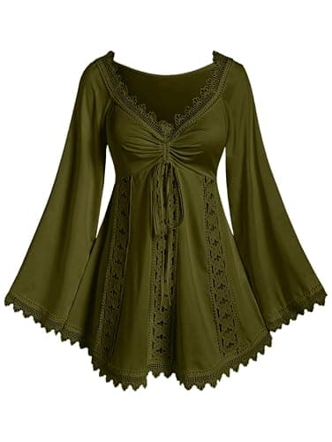 ROSE GAL Women Plus Size Lace Trim Hollow Out Cinched Flare Sleeves T-Shirt Bell Sleeves Renaissance Top - Image 1