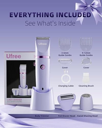 Ufree Bikini Trimmer Electric Razors for Women, Ceramic Blade Body Hair Trimmer, IPX7 Waterproof Rechargeable Lady Shaver, Personal Groomer for Legs & Pubic Hair, Gifts for Women, Purple thumbnail 9