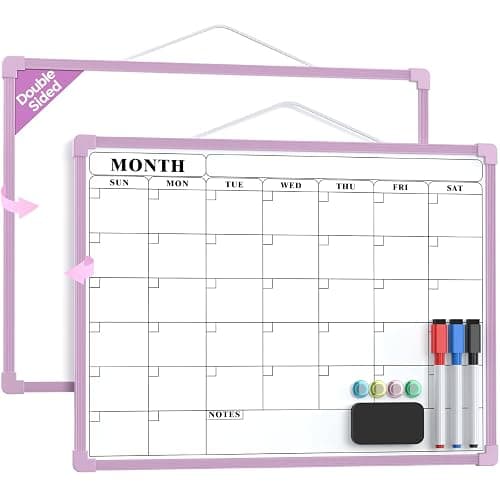 MaxGear Monthly Calendar Dry Erase Board for Wall, 16"x12" Small Hanging Double-Sided White Board, Portable Whiteboard for Planning, Drawing, Memo, to Do List, School, Home, Office, Purple Frame - Image 1