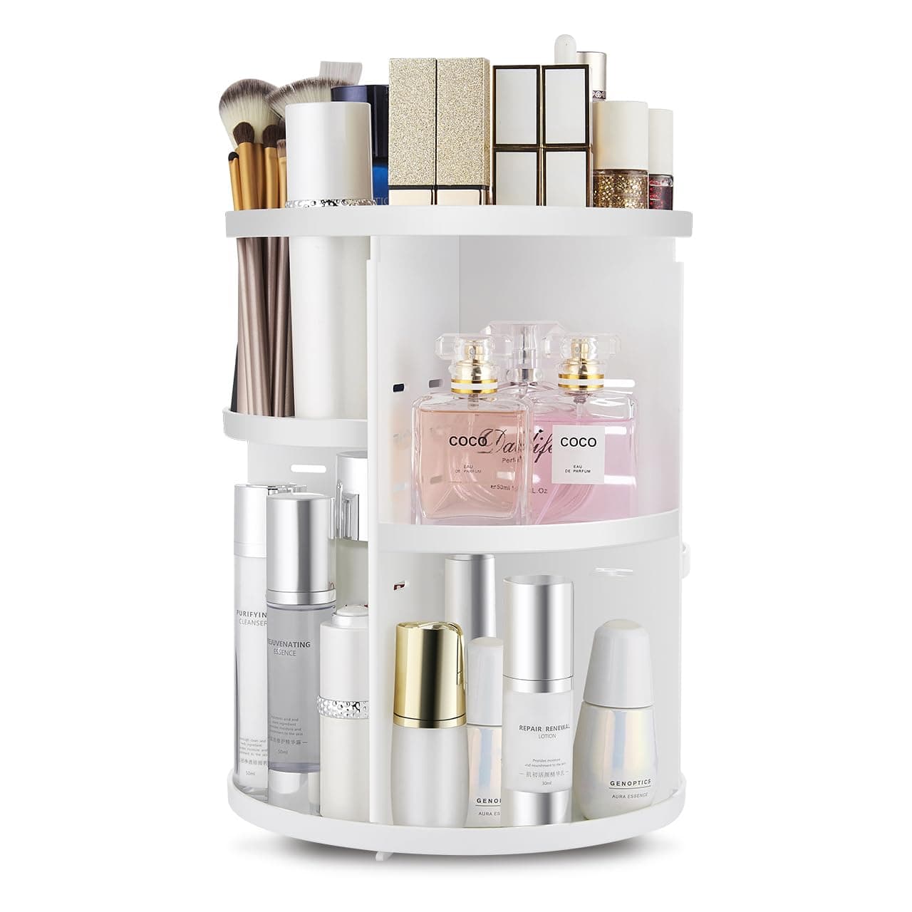 seinlife 360 Rotating Makeup Organizer,DIY Adjustable Spinning Holder,Foldable Cosmetic Storage Display box,Large Capacity Make up Caddy Shelf,Fits Countertop Vanity and Bathroom (WHITE) - Image 1