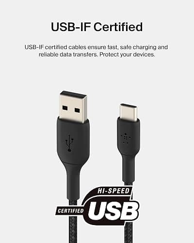 Belkin USB C to USB A Cable, 3.3ft, 15W - Type C Charger, iPhone Charger Cord, Braided, Flexible for iPhone 17 & 16, Galaxy S25, Pixel 10, iPad Pro, AirPods Pro, Switch 2 & More, CarPlay - Black thumbnail 3
