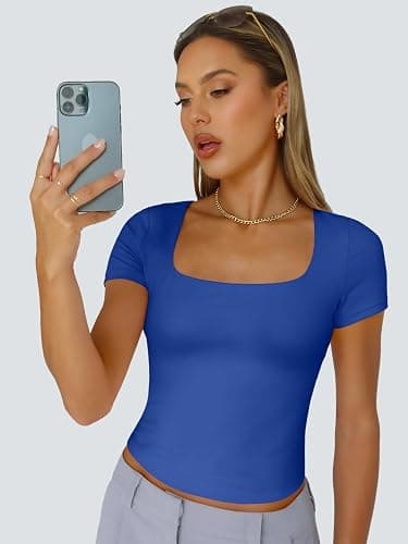 Trendy Queen Womens Double Lined Short Sleeve Square Neck Crop Tops | Spring Summer Compression Tshirt Workout Gym Going Out Cute Basic Tee for juniors thumbnail 2