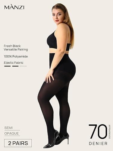MANZI Women's 2 Pairs Control Top Pantyhose High Waist Plus Size Tights Ultra-Soft thumbnail 3