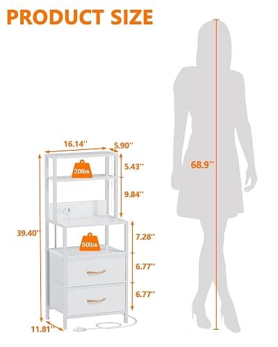 Furnulem Night Stand, Tall White Nightstand with 4-Tier Shelves, 2 PU Fabric Drawers and Light Tube, Bed Side Tables with Charging Station, Bedside Table for Bedroom thumbnail 3