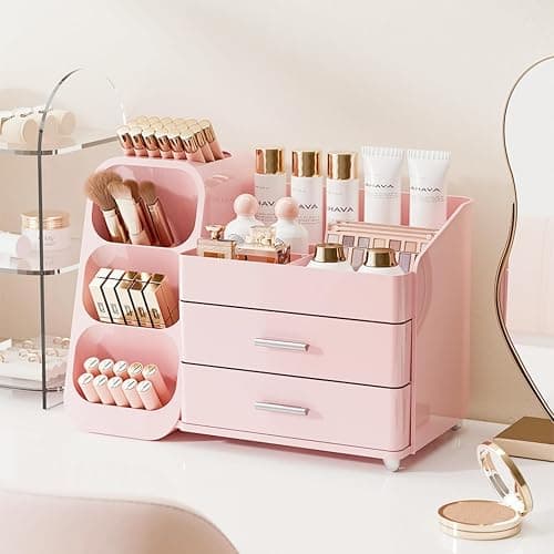 KQJS Makeup Organizer with Drawers,Large Capacity Countertop Organizer for Vanity,Bathroom and Bedroom Desk Cosmetics Organizer,Easy To Storage Skincare,Brushes,Lotions,Lipstick (All Pink) - Image 1
