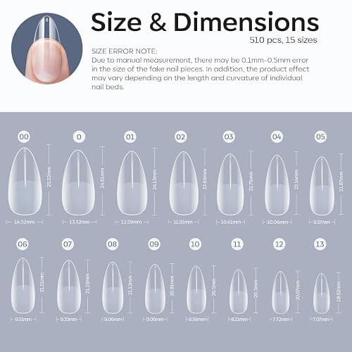Modelones Nageltips 510 Stück- Full Cover Nail Tips Set,Gel Tips Set, Pre-Buff PMMA Harz Nagelspitzen, Künstliche Nägel Zum Aufkleben Nail Art DIY, Medium Almond thumbnail 6