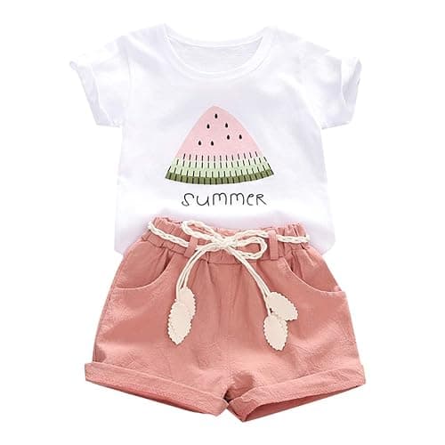 YOUNGER TREE Toddler Baby Girls Clothes Watermelon T-shirt + Linen Shorts with Belt Cute Summer Short Set - Image 1
