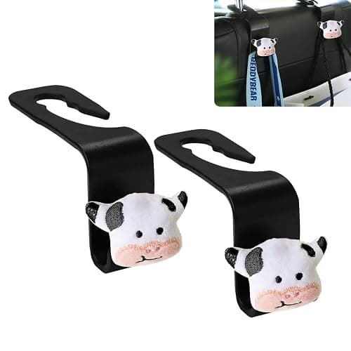 Cow Car Seat Headrest Hook 2 Pack Car Purse Hook Cars Seat Hooks for Headrest Universal for Handbag Bags Drink Grocery Coat Universal Vehicle,Cars Interior Accessories Cow Gifts for Women Men - Image 1