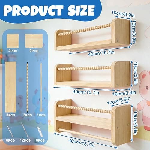 Nursery Shelves, ADDLIVE Floating Book Shelves, 40cm Kids Bookshelf, Wall Mounted Bookshelves Set of 3, Nursery Decor, Book Shelves for Wall With Hanging Rail for Kids Room, Bedroom, Bathroom and More thumbnail 2