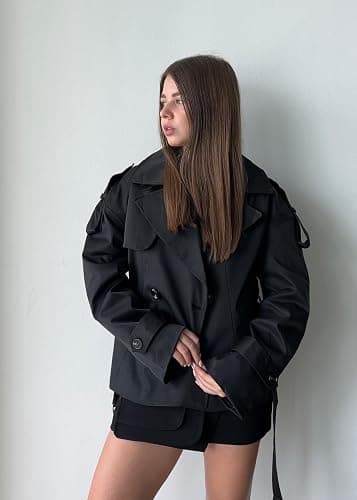 Tankaneo Womens Cropped Trench Coat Casual Double Breasted Short Jacket Fall Fashion Outerwear with Belt thumbnail 4
