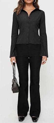 ECHOINE Women Button Down Shirts Long Sleeves Slim Fitted Casual Collared Blouses Work Striped Tops thumbnail 7