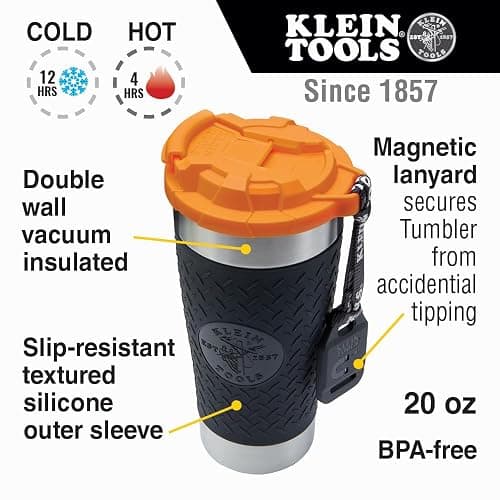 Klein Tools 55580 Stainless Steel Tumbler with Flip-Top Lid, Insulated 20 Oz. Tradesman's Double Wall Vacuum Mug, Slip-resistant Sleeve thumbnail 3
