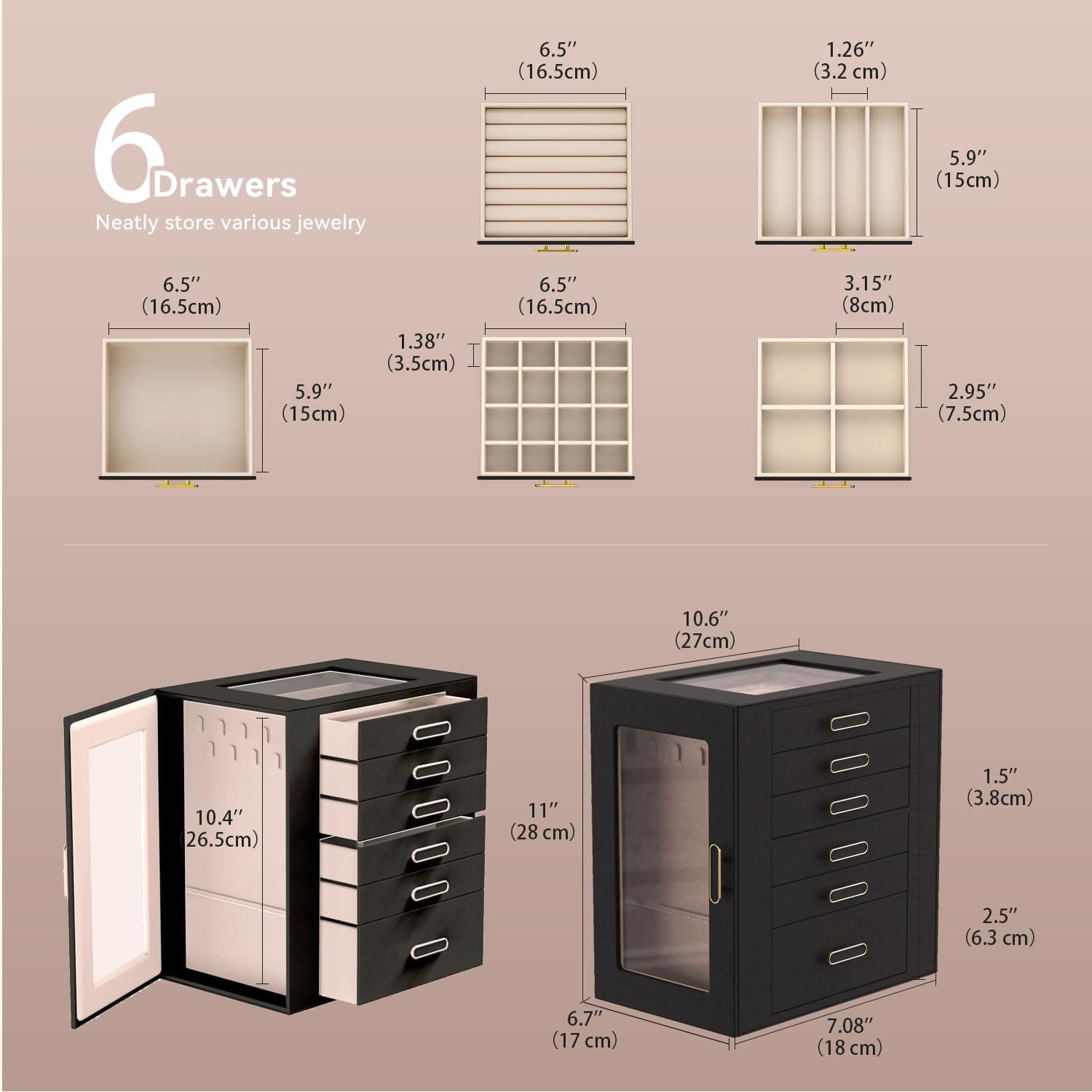 Jewelry Boxes for Women, 6 Layer Jewelry Organizer with Glass Lids, Jewelry Holder Organizer with 5 Drawers and 2 Glass Doors for Jewelry Storage, Big Jewelry Box for Womens Gift (Black) thumbnail 3