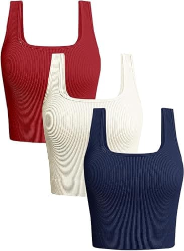 OLCHEE Womens 3 Pack Crop Tank Tops Basic Seamless Ribbed Sleeveless Square Neck Workout Top Summer Exercise Yoga Gym Shirts - Image 1