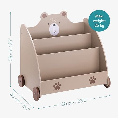 Navaris Bücherregal für Kinder - Kinderzimmer Regal für Bücher und Spielzeug aus Holz - 60 x 58 x 40 cm - Buchregal mit Rollen - Organizer Braun Bär thumbnail 3