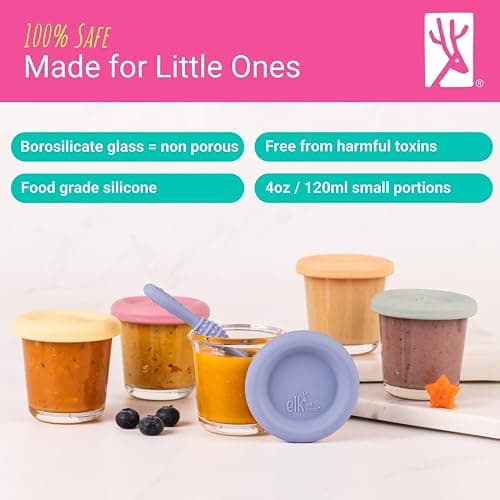 Elk and Friends Baby 4oz Borosilicate Glass Food Storage Jars | 12pk | Borosilicate Glass | Set of 12 | Microwave, Oven + Dishwasher Safe | Perfect for Purees, Breast Milk + Baby Food thumbnail 4