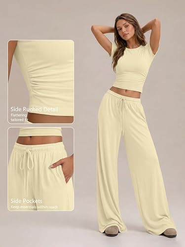 Trendy Queen Women's 2 Piece Matching Summer Lounge Set with Pockets | Vacation Airport Travel Outfits, Workout Gym Clothing Comfy Athleisure Clothes, Side-ruched Top, Drawstring Wide Leg Pants thumbnail 5