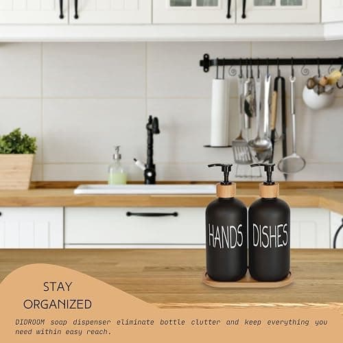 Glass Soap Dispenser Set. Hand and Dish with Bamboo Tray. Vintage Pump for Kitchen Sink Bathroom. Stylish Permanent Labels (Matte Black) thumbnail 4