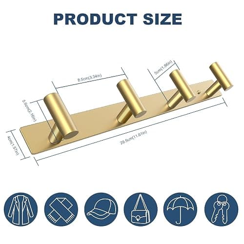 VAEHOLD Hat and Coat Wall Mount Rack - Hooks for Robes, Bags, Keys, and Towels - Bathroom Towel Hanger Organizer (Gold, “T“ Shape 4 Hooks 1 Pack) thumbnail 3