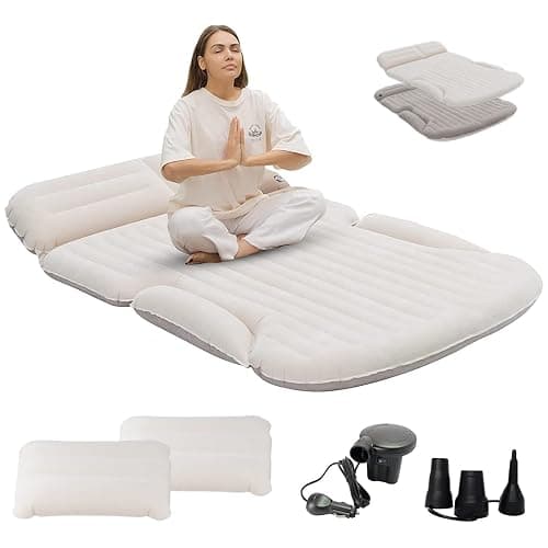KMZ SUV Air Mattress Thickened and Double-Sided Flocking Travel Camping Bed with 2 Pillows & Electric Pump Dedicated Mobile Cushion Inflatable Bed for SUV Trunk and Rear Seat (Beige and Coffee) thumbnail 3