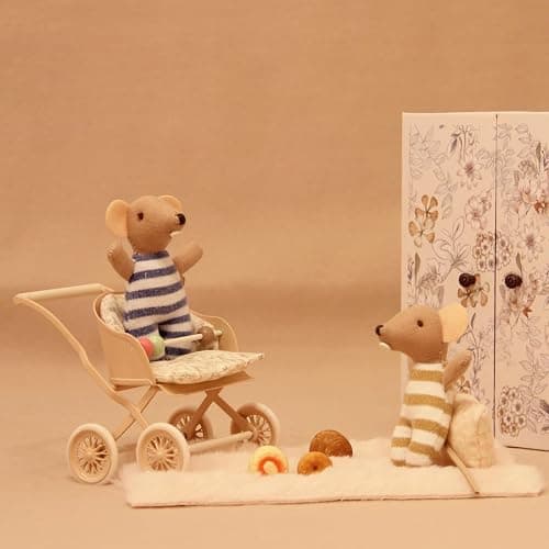 Funky Mini House Miniature Rolling Dollhouse Doll Stroller with Movable Wheels, Retro Iron Doll Pram, 1/12 Scale Dollhouse Furniture (Pink) thumbnail 3