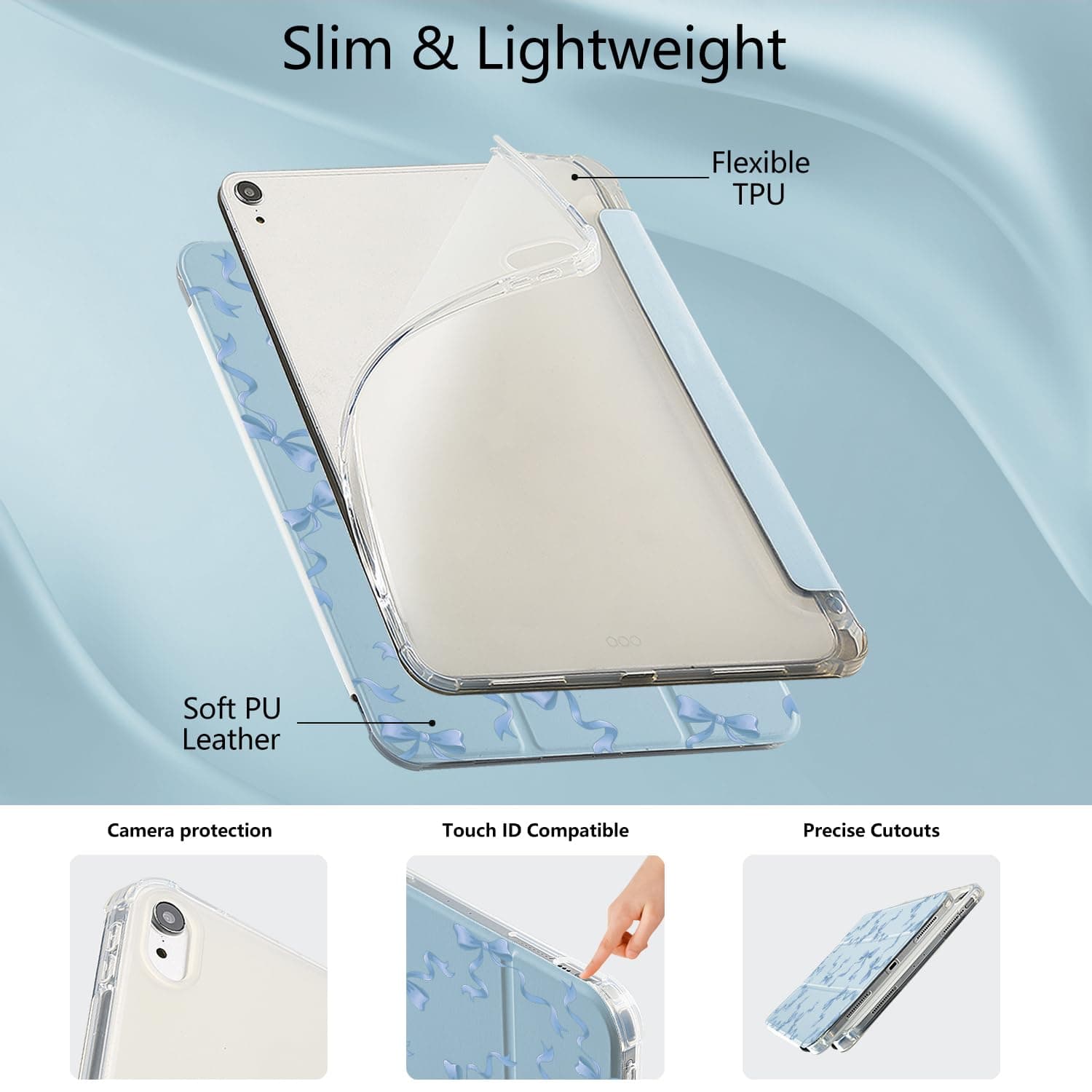 CozyNestCYBlue Bowknot Case for 10.9 Inch Ipad 10Th Gen Lovely Bows Design Cover for Ipad Auto Sleep/Wake Modern Aesthetic Women Case Anti-Scratch Shockproof Protective with Pencil Holder Girl Women thumbnail 5